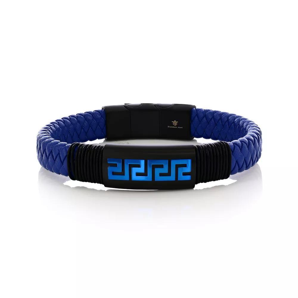 Men's Metallo Stainless Steel Greek Key Leather Bracelet, Size: 8.5", Blue Black Product Image