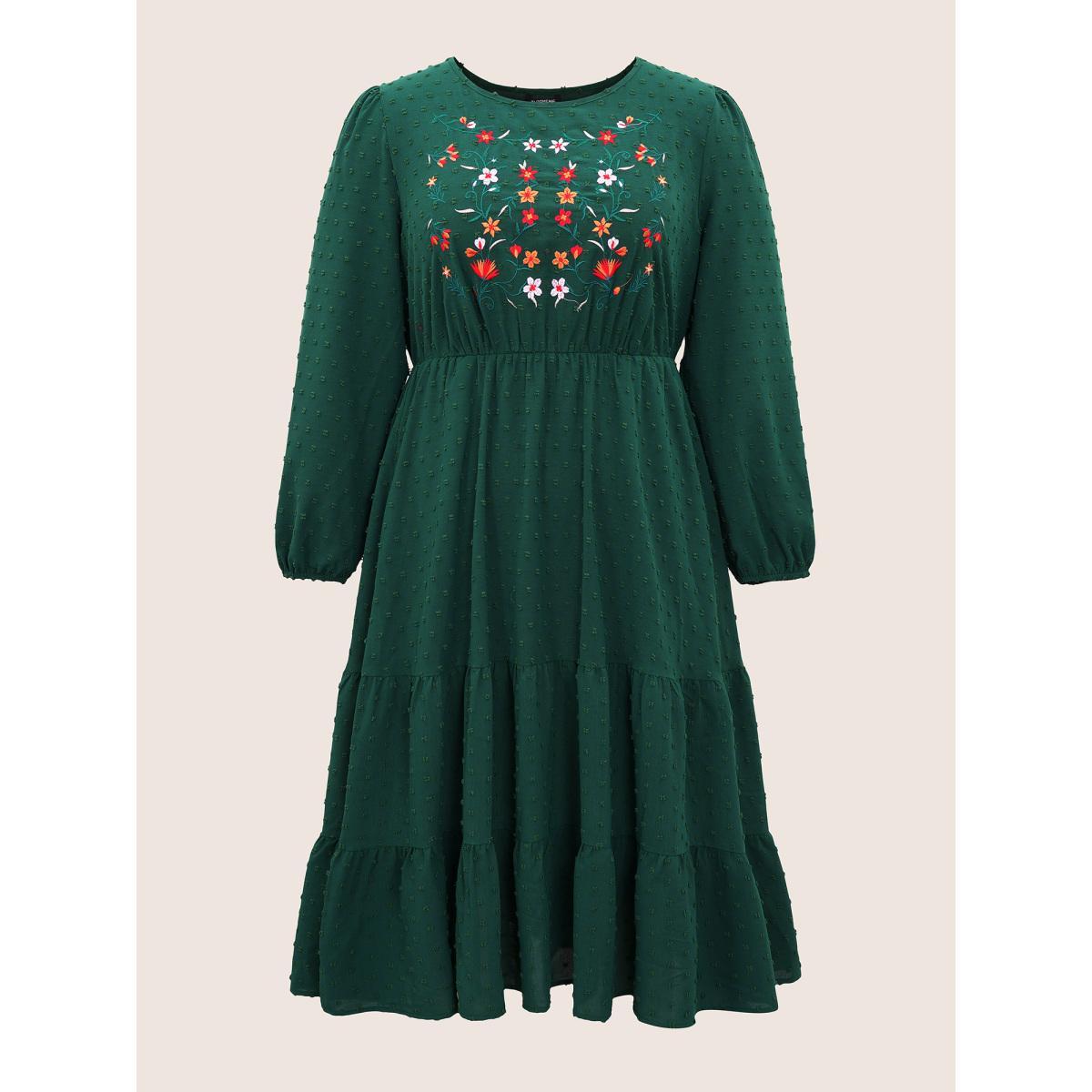 Plus Size Floral Embroidered Textured Ruffle Layered Hem Dress Emerald Women Vacation Elastic cuffs Round Neck Long Sleeve Curvy Midi Dress BloomChic 10/M Product Image
