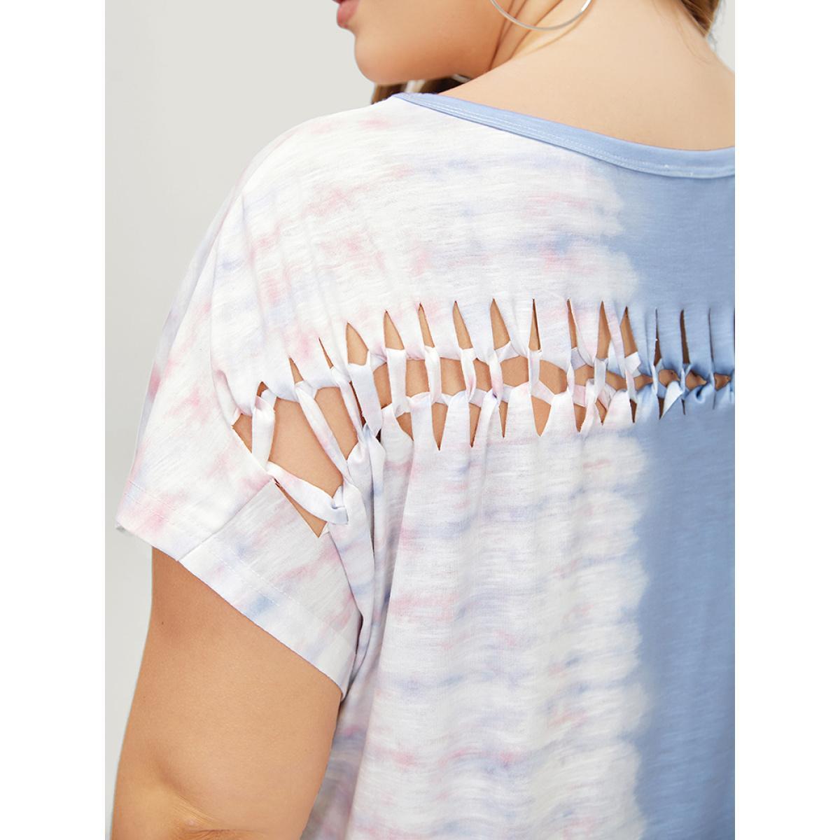 Plus Size Tie Dye Batwing Sleeve Cut Out Two Tone T-shirt Multicolor Women Casual Contrast Colorblock Round Neck Dailywear T-shirts BloomChic 10/M Product Image