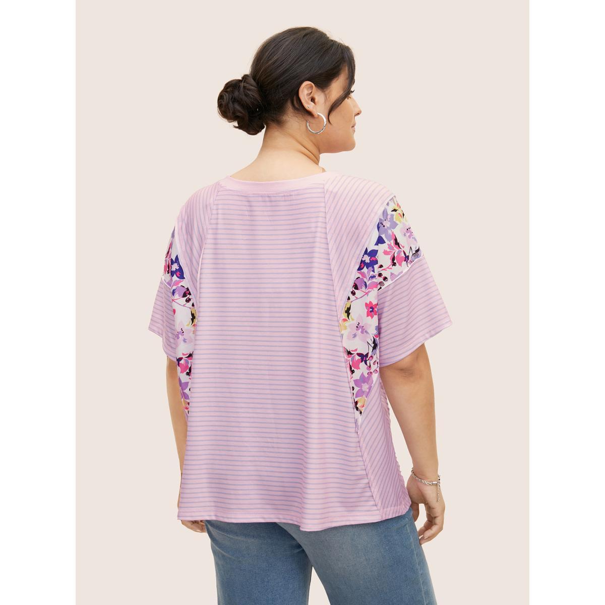 Plus Size Crew Neck Striped Patchwork Floral Print T-shirt Lilac Women Casual Contrast Natural Flowers Round Neck Everyday T-shirts BloomChic 22-24/3X Product Image