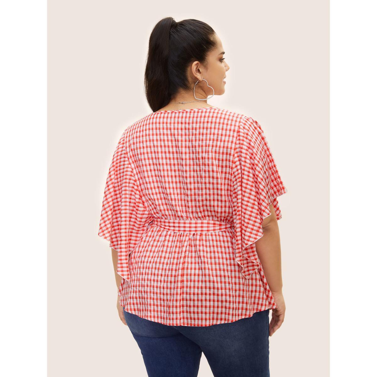 Plus Size Crimson V Neck Gingham Tie Knot Ruffles Blouse Women Casual Elbow-length sleeve V-neck Everyday Blouses BloomChic 14-16/1X Product Image