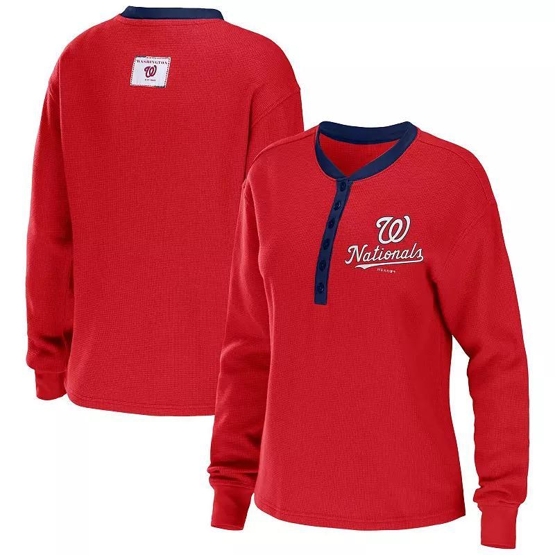 Women's WEAR by Erin Andrews Red Washington Nationals Waffle Henley Long Sleeve T-Shirt, Size: 2XL Product Image