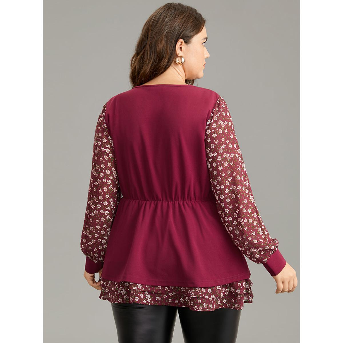 Plus Size Scarlet Ditsy Floral Patchwork Layered Metal Buckle Detail Blouse Women Elegant Long Sleeve Round Neck Work Blouses BloomChic 30/6X Product Image