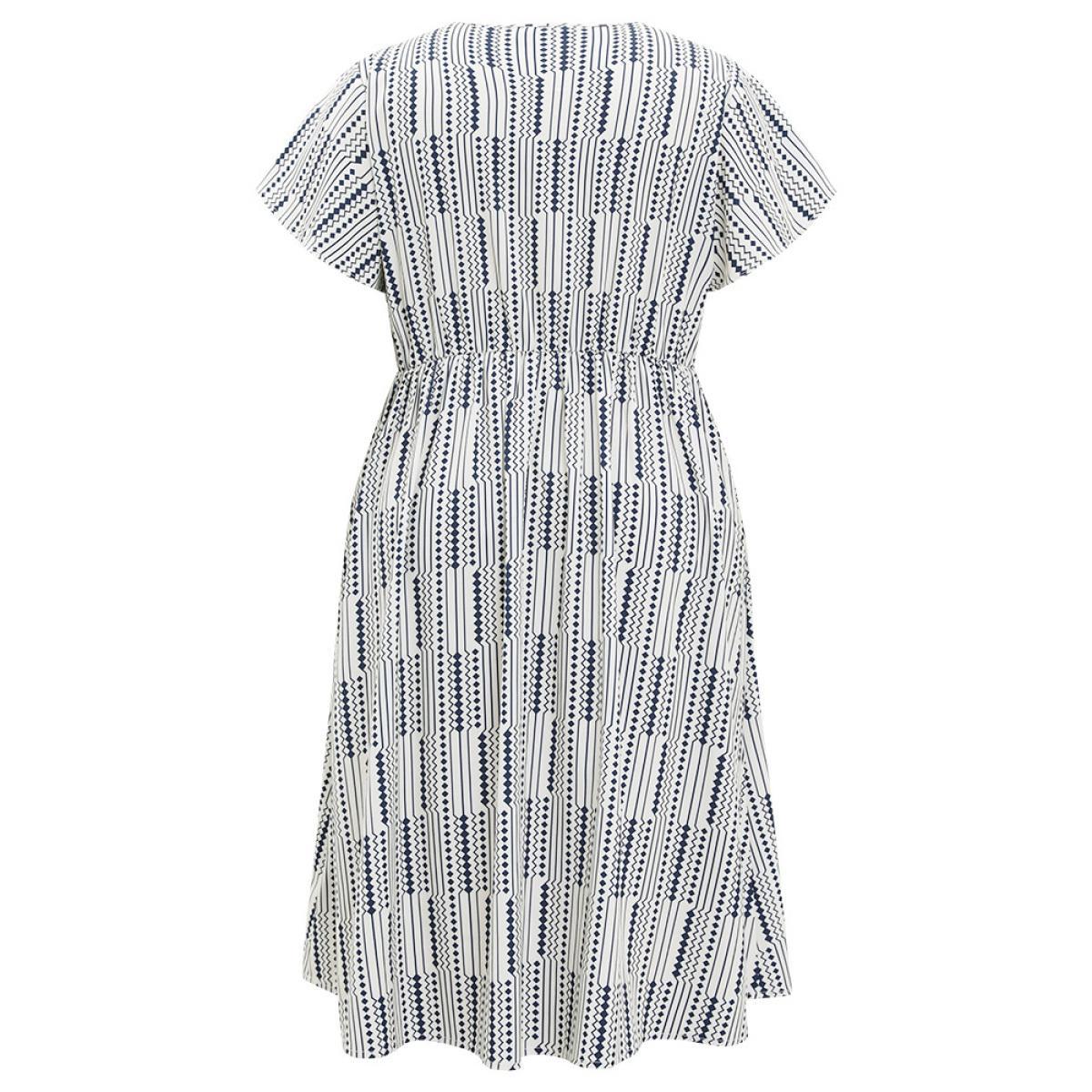Plus Size Geometric Print Button Detail Pocket Ruffle Sleeve Dress Blue Women Elegant Elastic Waist V-neck Short sleeve Curvy Midi Dress BloomChic 22-24/3X Product Image