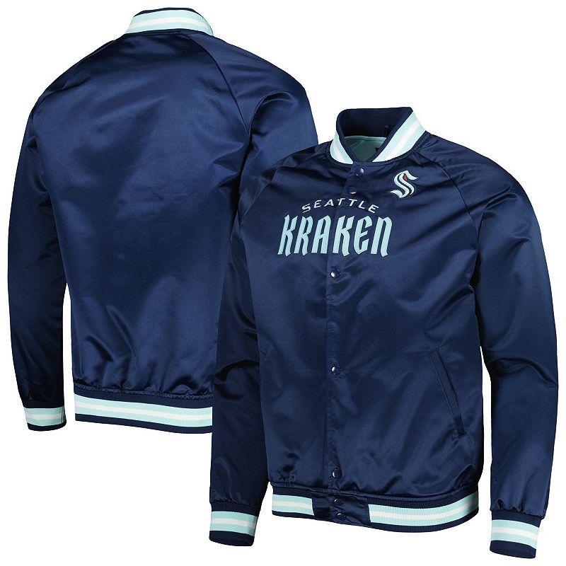 Men's Mitchell & Ness Deep Sea Blue Seattle Kraken Satin Full-Snap Raglan Varsity Jacket, Size: Large, Krk Blue Product Image