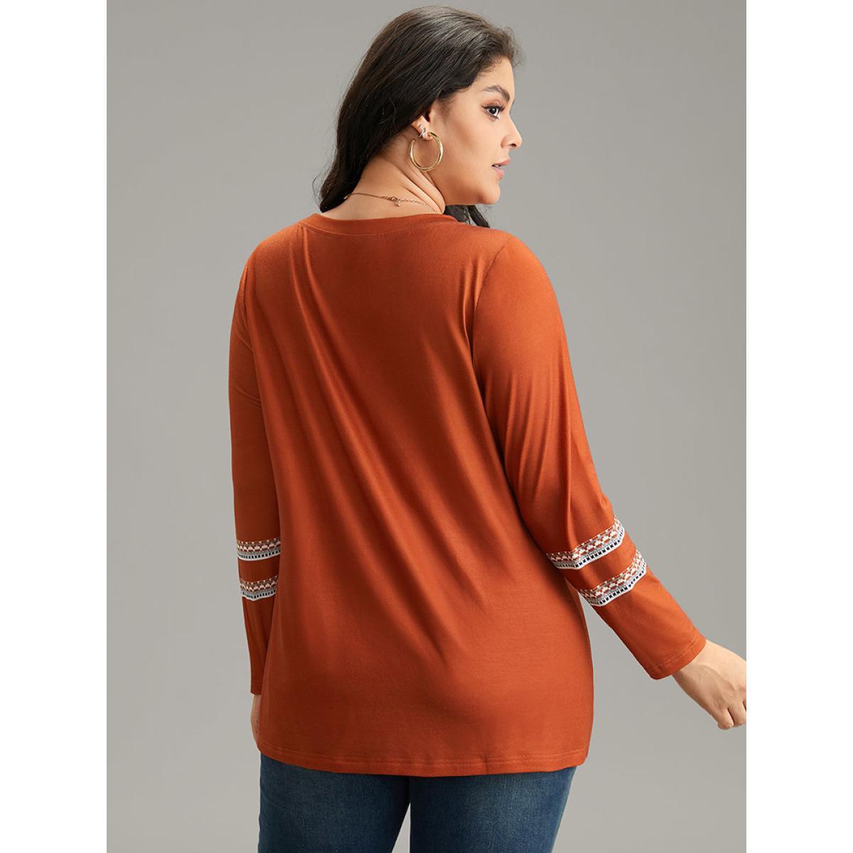 Plus Size Boho Print Patchwork Crew Neck T-shirt OrangeRed Women Casual Printed Bohemian Print Round Neck Dailywear T-shirts BloomChic 26/4X Product Image