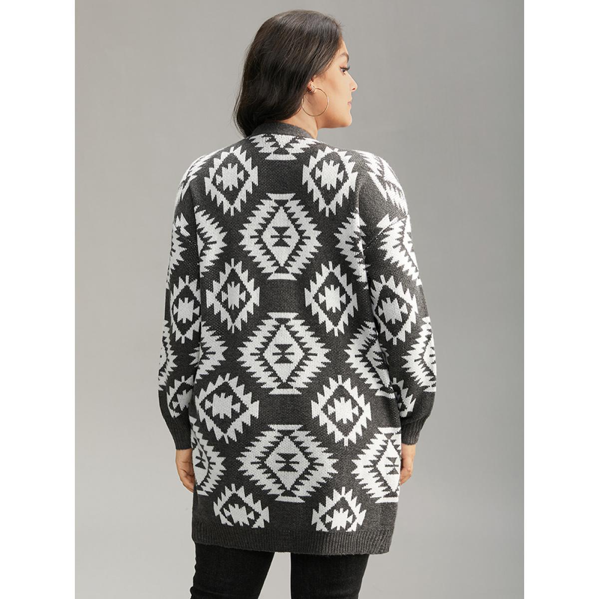 Plus Size Bandana Print Elastic Cuffs Patched Pocket Cardigan DimGray Women Casual Loose Long Sleeve Dailywear Cardigans BloomChic 26/4X Product Image