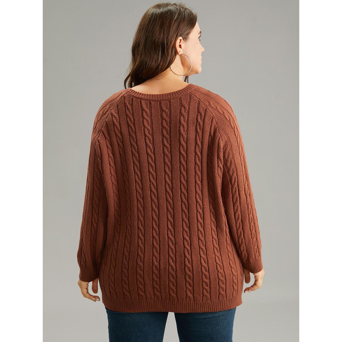 Plus Size Button Detail Cable Knit Raglan Sleeve Pullover Rust Women Casual Loose Long Sleeve Round Neck Dailywear Pullovers BloomChic 14-16/1X Product Image