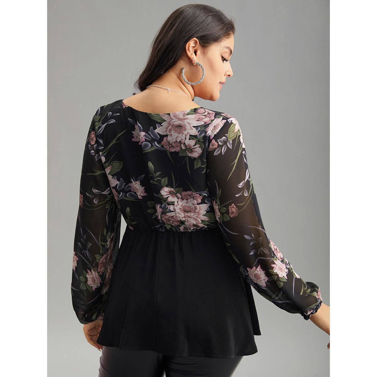 Plus Size Black Floral Print Patchwork Elastic Waist Lantern Sleeve Blouse Women Elegant Long Sleeve V-neck Going out Blouses BloomChic 10/M Product Image