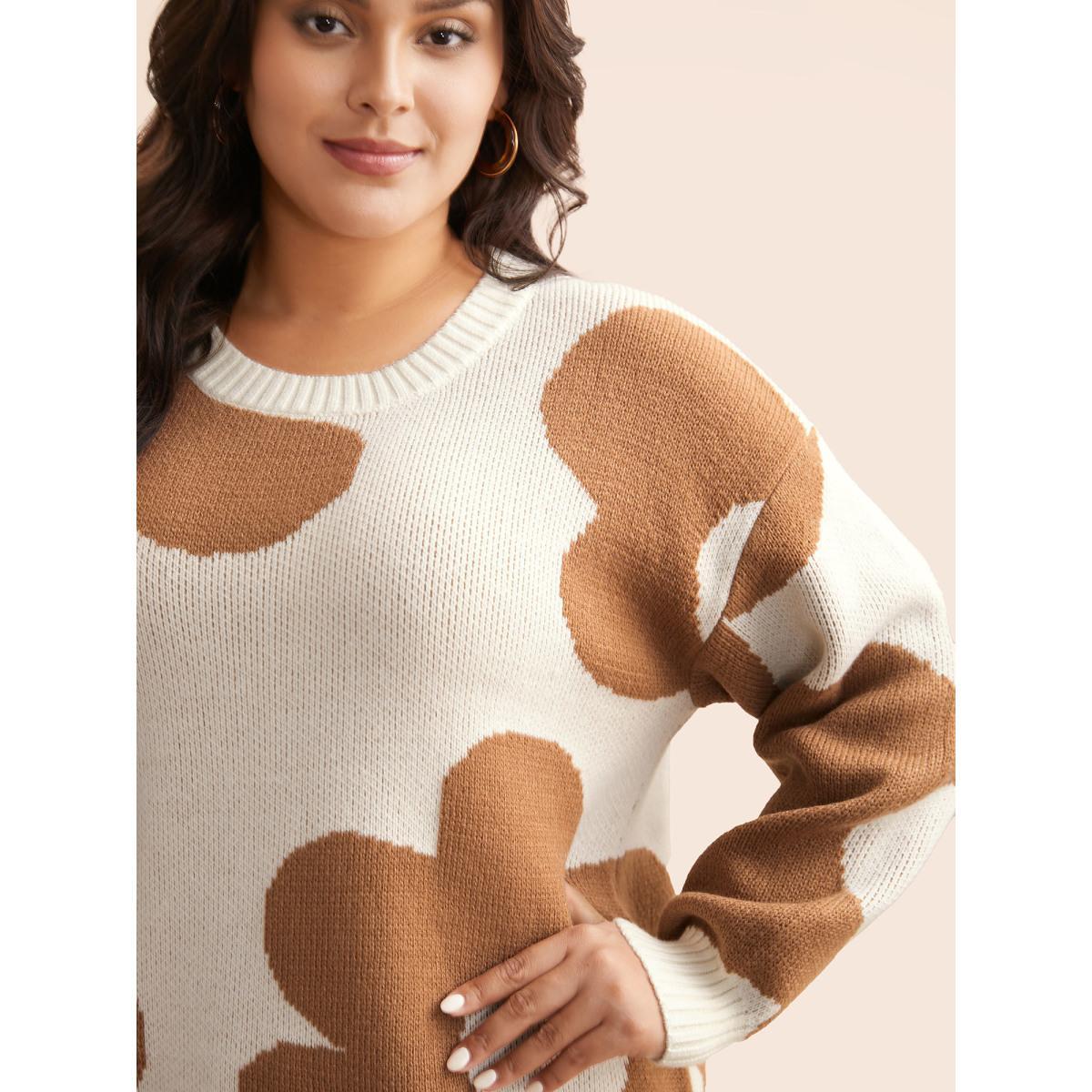 Plus Size Floral Jacquard Drop Shoulder Sleeve Pullover Apricot Women Casual Loose Long Sleeve Round Neck Everyday Pullovers BloomChic 28/5X Product Image