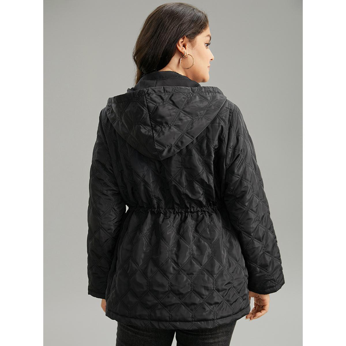 Plus Size Plain Button Up Drawstring Hooded Coat Women Black Casual Plain Ladies Dailywear Winter Coats BloomChic 12/L Product Image