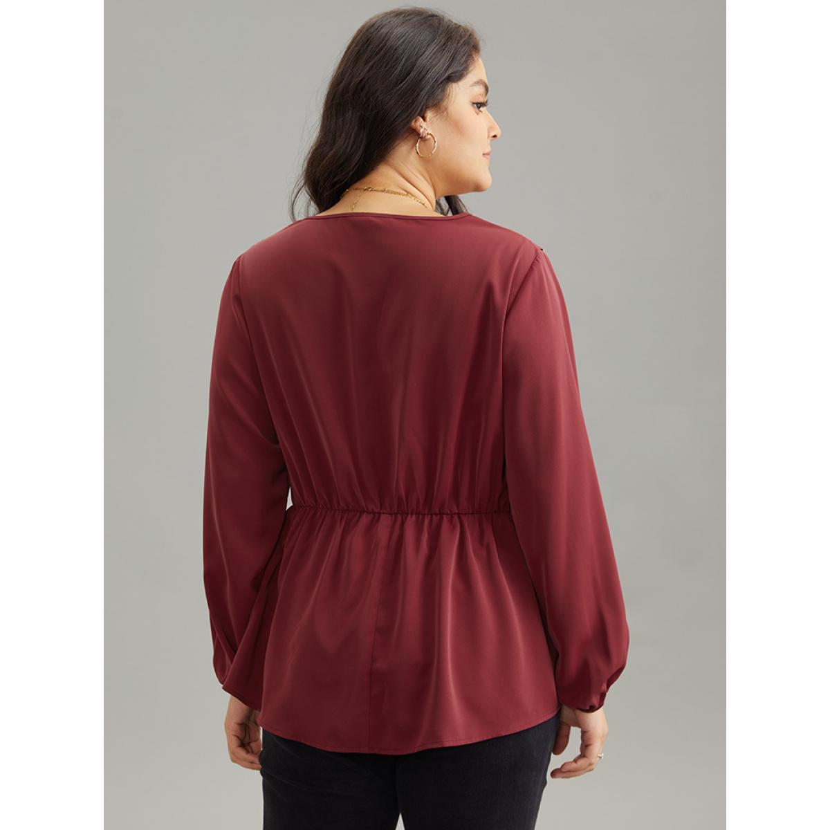 Plus Size Scarlet Static-Free Pleated Button Detail Lantern Sleeve Blouse Women Office Long Sleeve V-neck Work Blouses BloomChic 18-20/2X Product Image