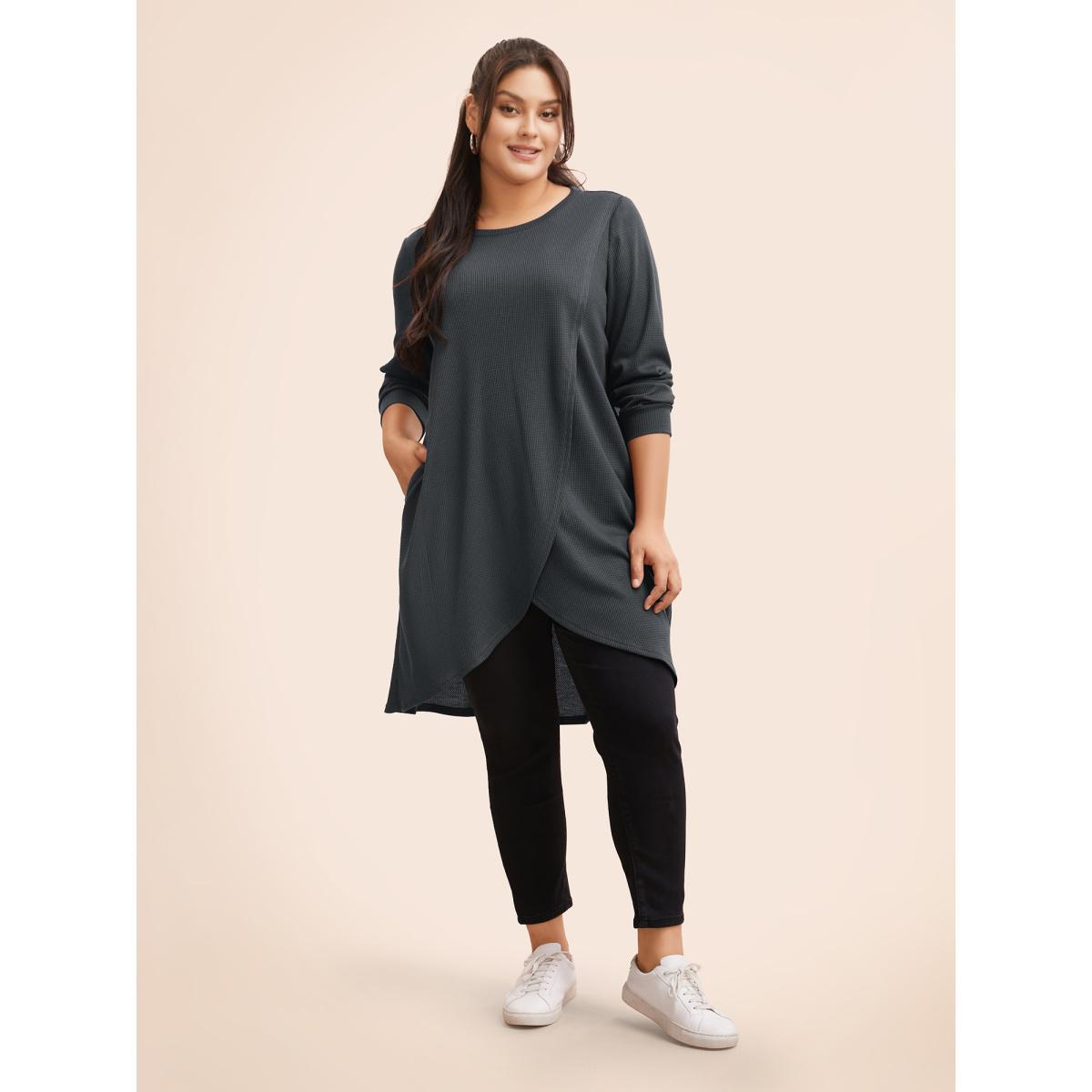 Plus Size Solid Waffle Knit Overlap Hem T-shirt DimGray Women Casual Overlapping Round Neck Everyday T-shirts BloomChic 30/6X Product Image