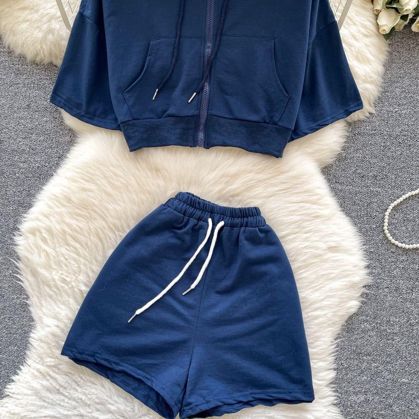 Set: Elbow-Sleeve Zip-Up Plain Crop Hoodie + Drawstring Waist Wide Leg Sweat Shorts Product Image