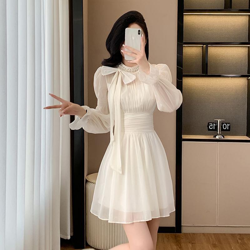 Long-Sleeve Round Neck Plain Bow Beaded Mini A-Line Dress Product Image