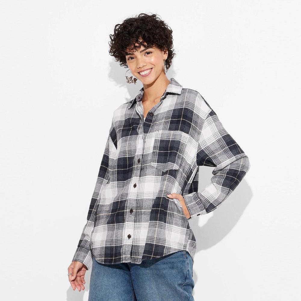 Womens Long Sleeve Oversized Flannel Button-Down Shirt - Wild Fable Black Plaid XXS Product Image