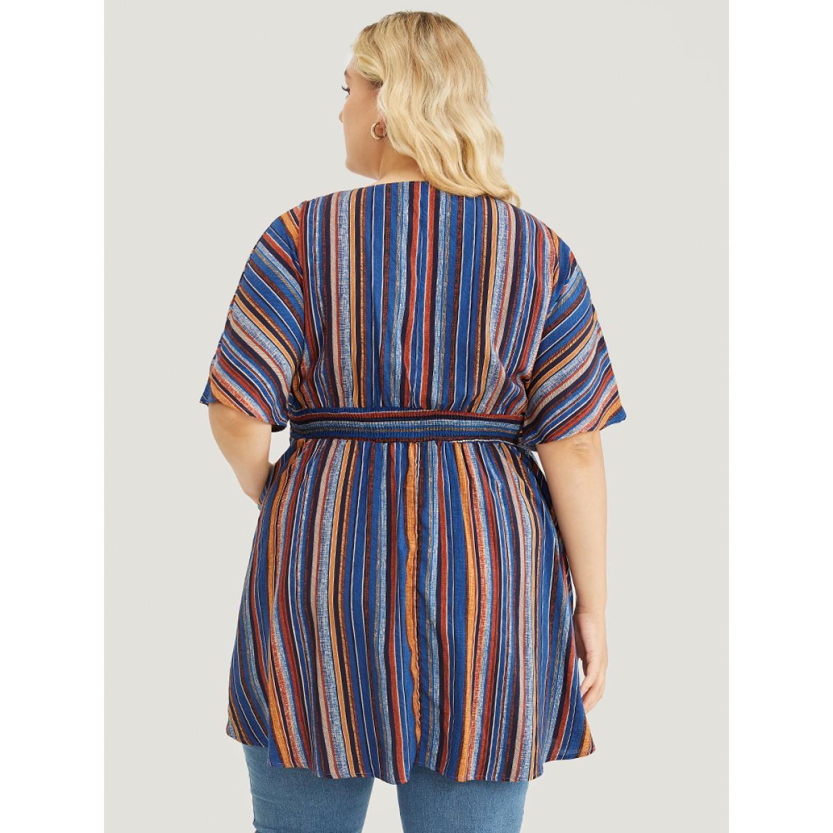 Plus Size Navy Striped Contrast Shirred Wrap High Low Hem Pocket Blouse Women Vacation Short sleeve V-neck Vacation Blouses BloomChic 18-20/2X Product Image