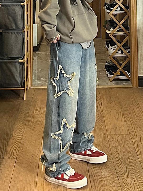Vintage Wash Distressed Star Patch Boyfriend Jeans Product Image