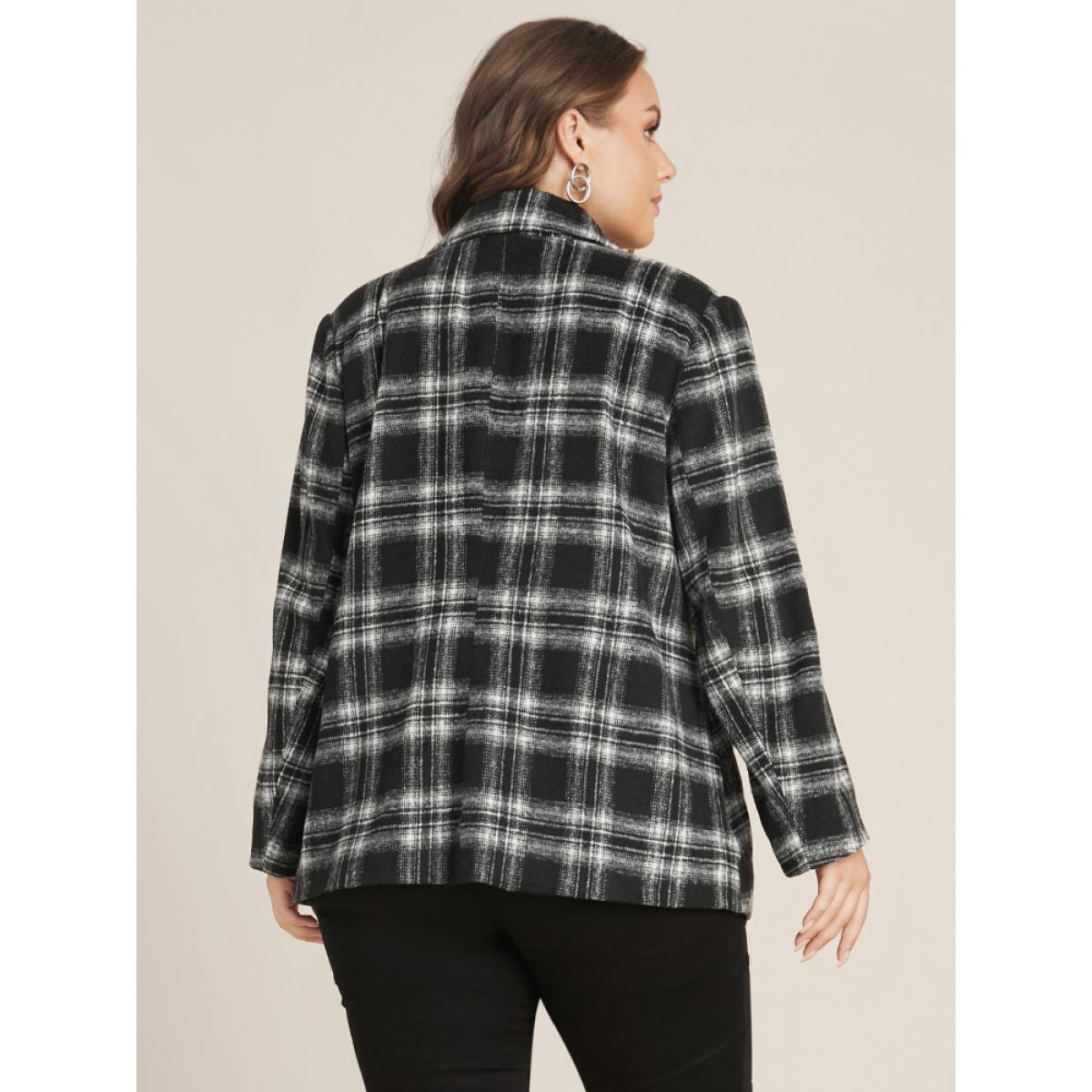 Plus Size Plaid Flap Pocket Button Up Suit Collar Blazer Black Women Dailywear Plaid Button Sleeve Long Sleeve Suit Collar 14-16/1X Pocket Casual Blazers BloomChic Product Image