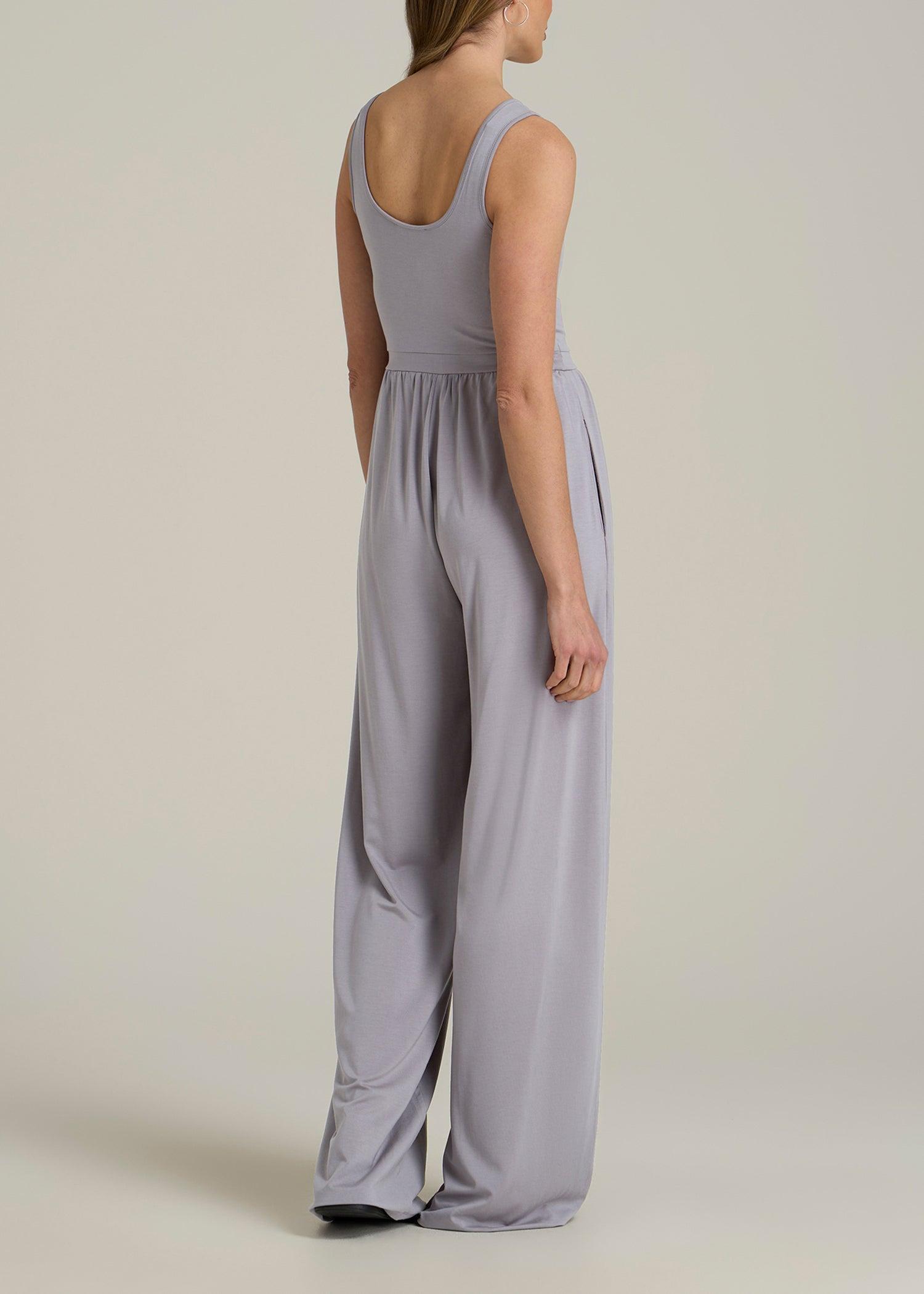 Jersey Tank Wide Leg Tall Women's Jumpsuit with Pockets in Pebble Grey Product Image