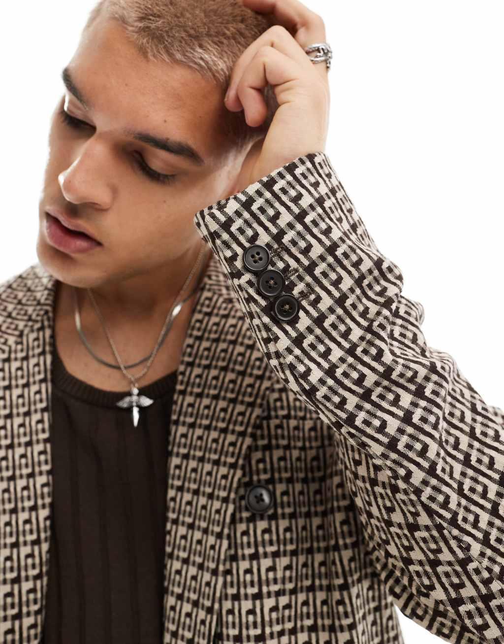 Viggo fernandes double breasted oversized checked suit jacket in tan Product Image