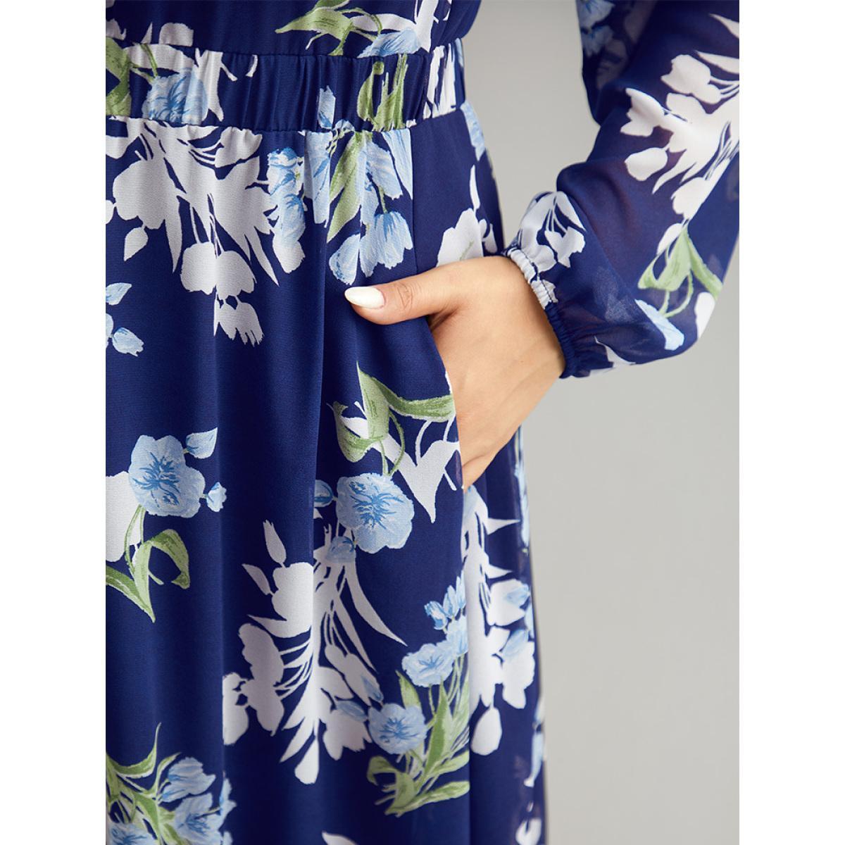 Plus Size Floral Print Chiffon Pocket Elastic Waist Gathered Dress DarkBlue Women Elegant Elastic cuffs V-neck Long Sleeve Curvy Midi Dress BloomChic 26/4X Product Image