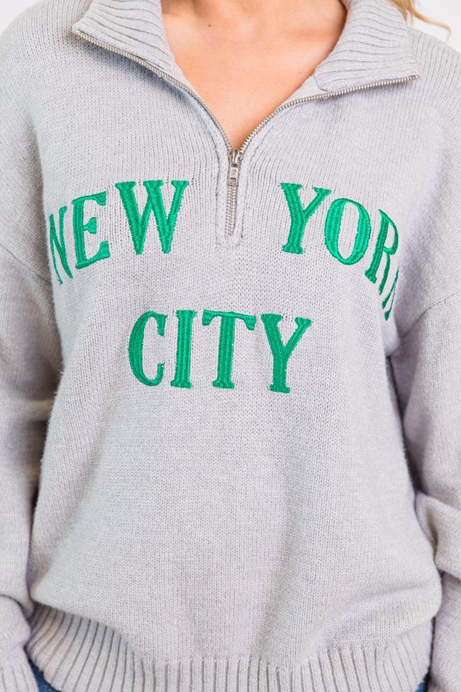 Roll With It Grey and Green New York Embroidered Quarter Zip Sweater FINAL SALE Product Image