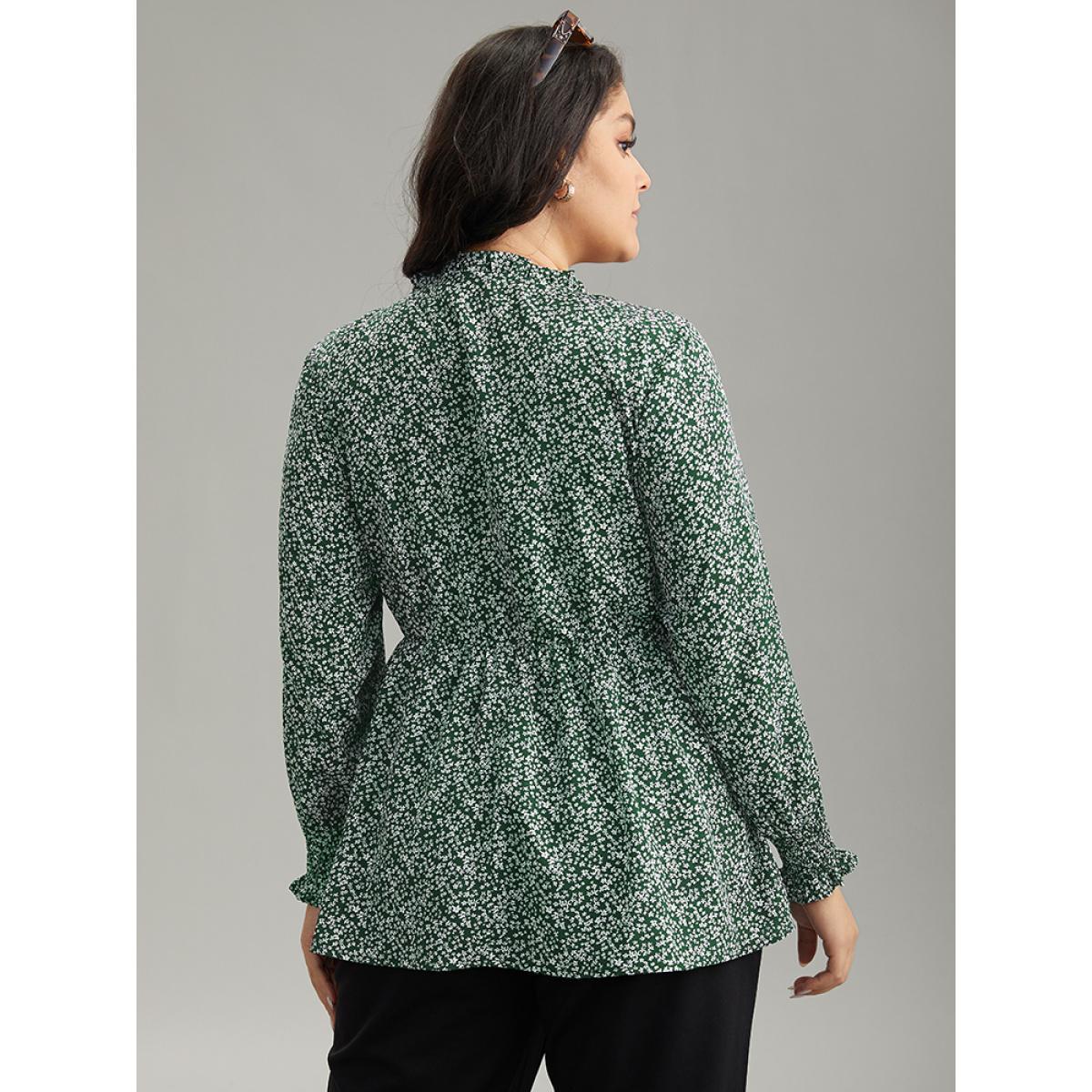 Plus Size DarkGreen Ditsy Floral Stand Collar Shirred Frill Trim Blouse Women Elegant Long Sleeve Stand-up collar Dailywear Blouses BloomChic 30/6X Product Image