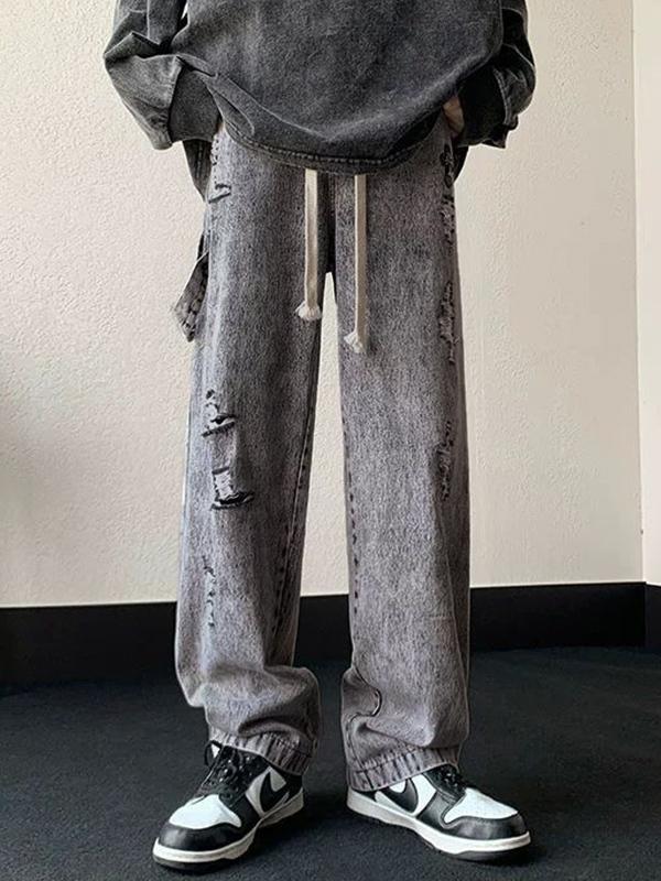 Men's Gray Wash Ripped Drawstring Loose Jeans Product Image