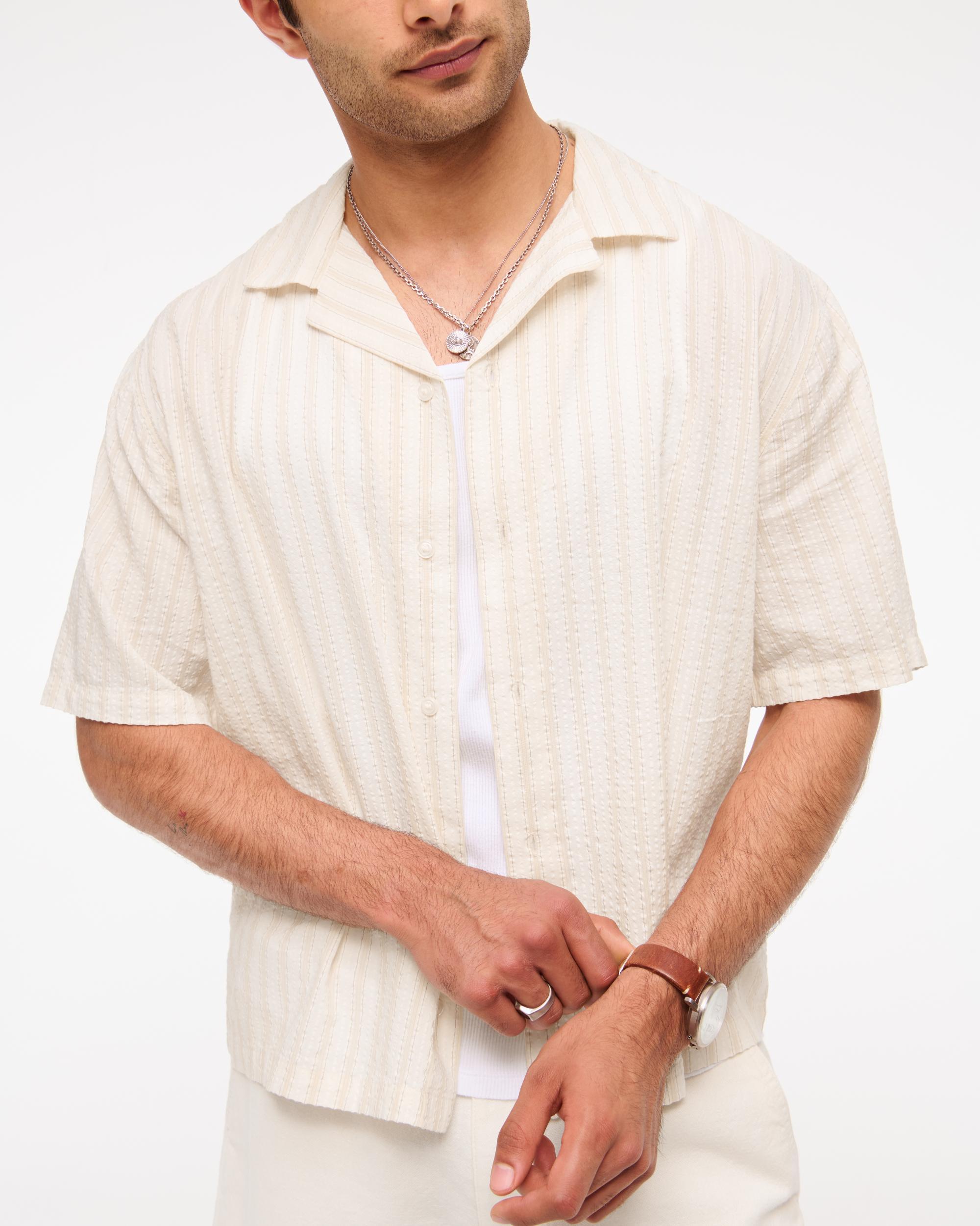 Camp Collar Cropped Seersucker Shirt Product Image