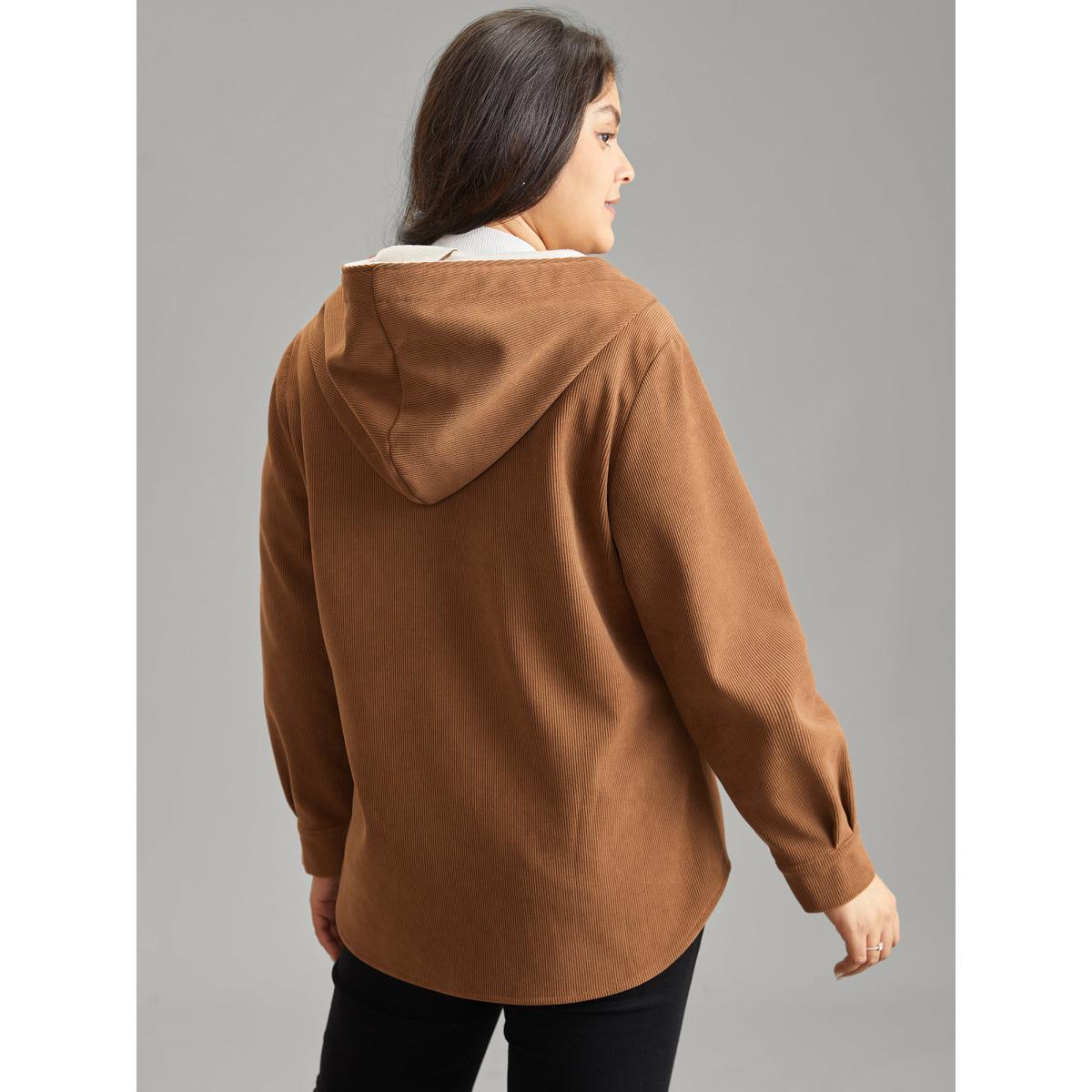 Plus Size Corduroy Fluffy Patchwork Hooded Jacket Women Bronze Contrast Pocket Dailywear Jackets BloomChic 18-20/2X Product Image