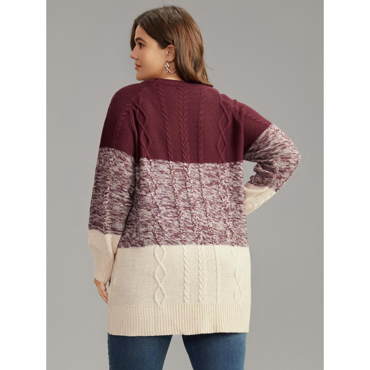 Plus Size Cable Knit Heather Colorblock Patchwork Pullover Burgundy Women Casual Loose Long Sleeve Round Neck Dailywear Pullovers BloomChic 28/5X Product Image