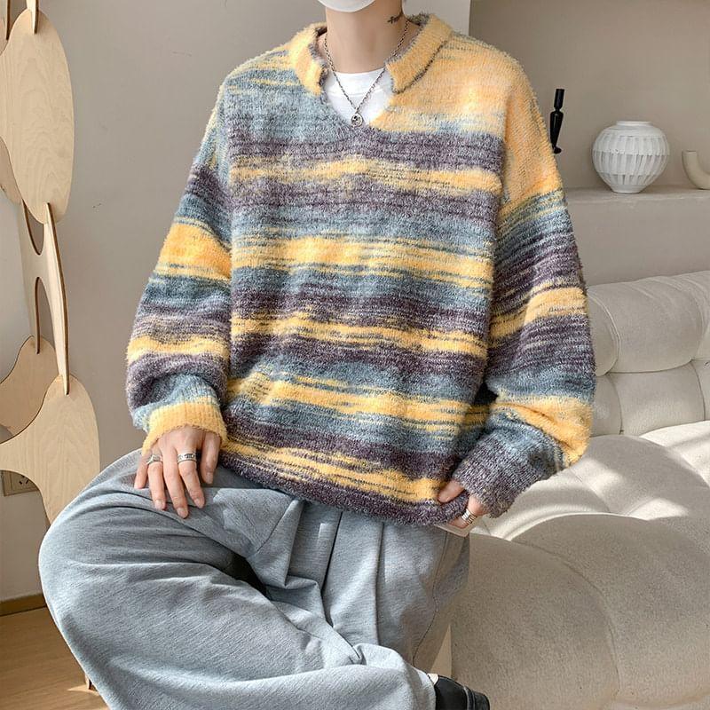 Drop Shoulder Notch Neck Striped Oversized Sweater Product Image