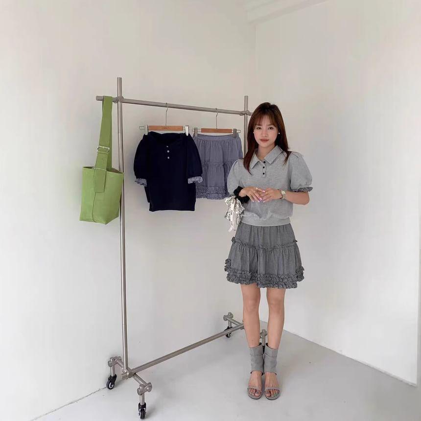Elastic Waist Plaid Tiered Ruffle Trim Mini A-Line Skirt Product Image