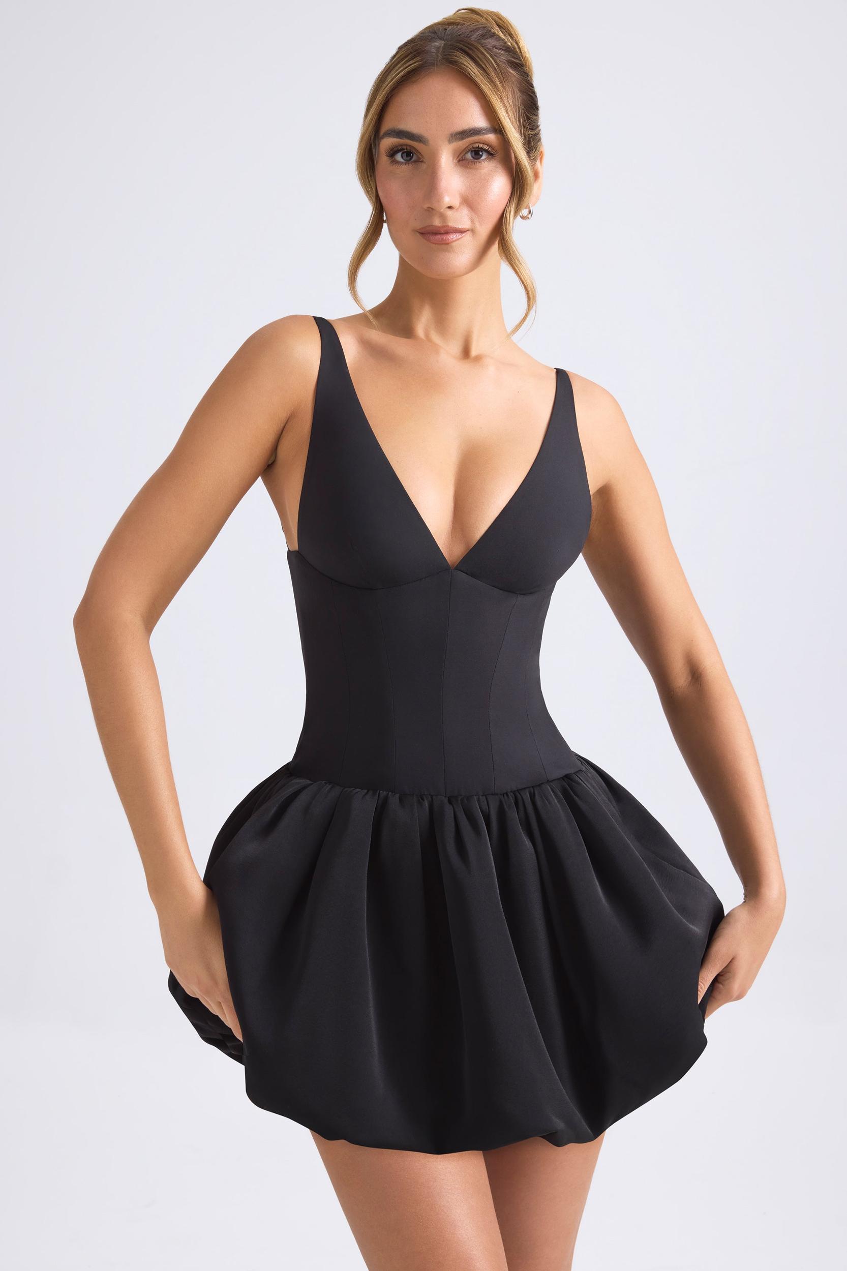 Lace-Up Bubble Hem Corset Micro Mini Dress in Black Product Image
