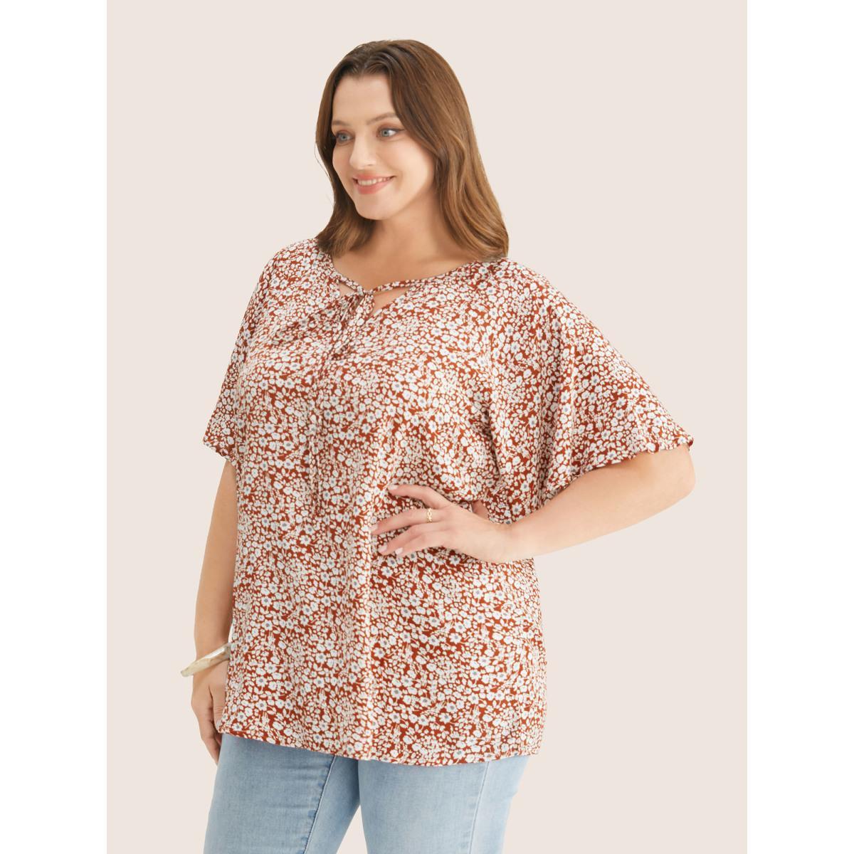 Plus Size Maroon Ditsy Floral Ruffle Sleeve Tie Neck Blouse Women Elegant Short sleeve V-neck Everyday Blouses BloomChic 10/M Product Image
