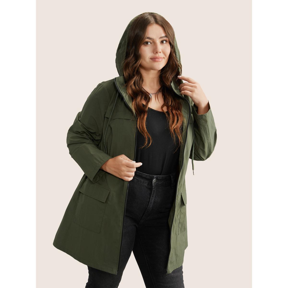 Plus Size Plain Hooded Drawstring Gathered Zipper Jacket Women ArmyGreen Non Patch pocket Everyday Jackets BloomChic 10/M Product Image