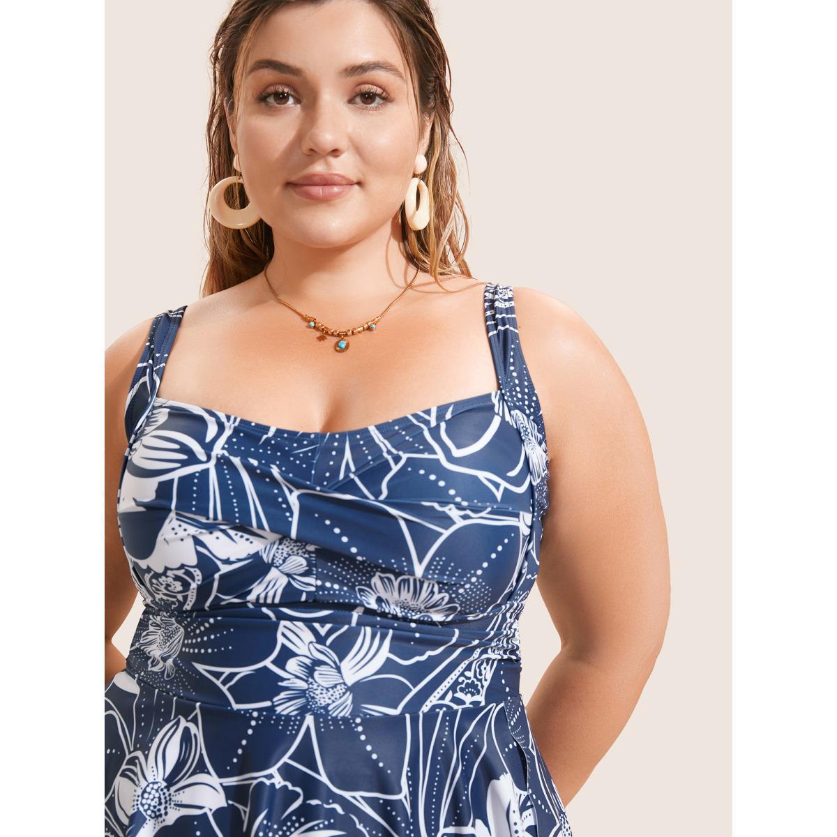 Plus Size Natural Flowers Heart Neckline Twist Swim Dress Women's Swimwear Indigo Beach Bodycon Heart neckline High stretch Curve Swim Dresses BloomChic 30/6X Product Image