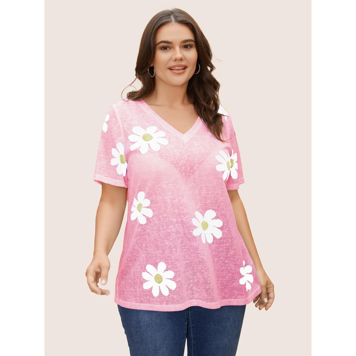 Plus Size Colored Floral V Neck See Through T-Shirt Blush Women Casual See through Art&design V-neck Everyday T-shirts BloomChic 22-24/3X Product Image