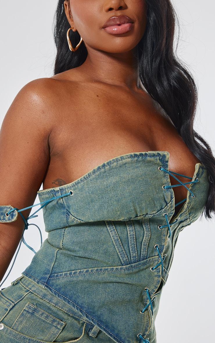 Shape Vintage Wash Denim Lace Up Front Corset Product Image