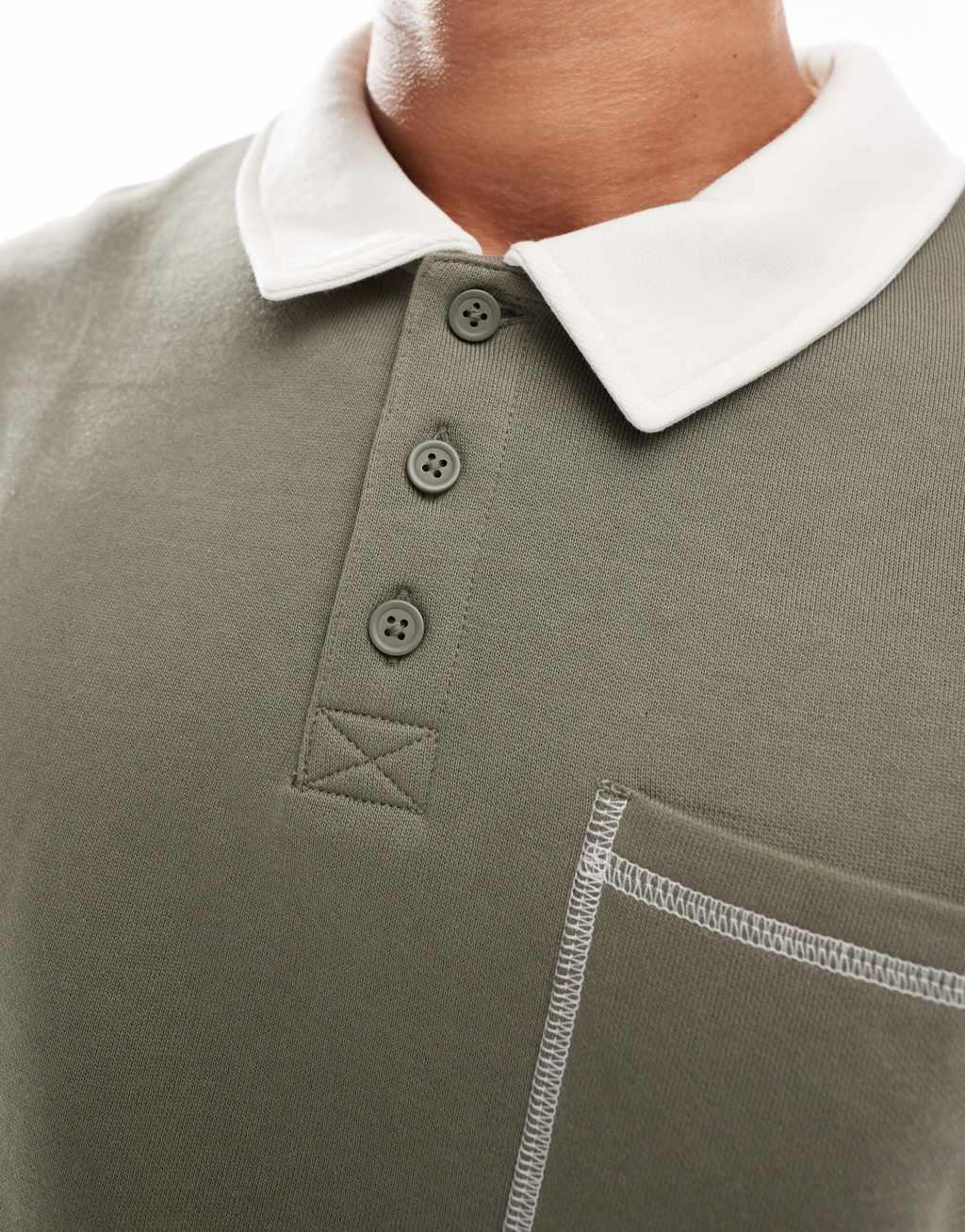 ASOS DESIGN boxy oversized polo with contrast stitching in khaki Product Image