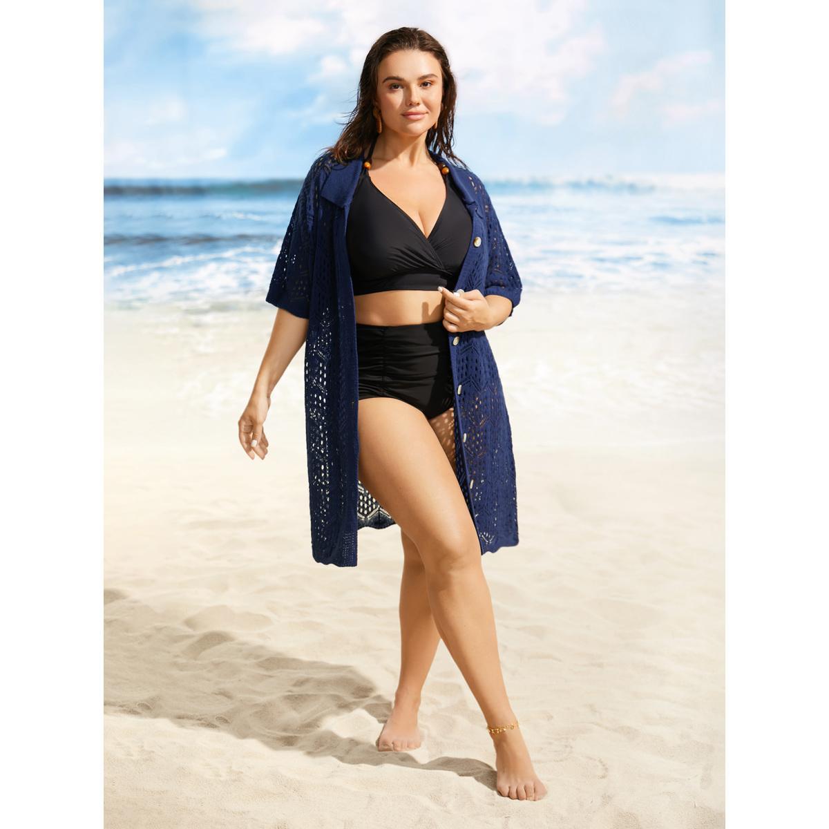 Plus Size Polo Neck Geometric Cut Out Swim Cover Up Women's Swimwear Indigo Beach Loose Texture Curve Swim Cover Ups BloomChic 14-16/1X Product Image