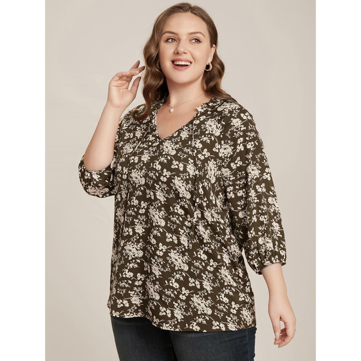 Plus Size DarkBrown Floral Print Lantern Sleeve Tie V Neck Blouse Women Elegant Elbow-length sleeve V-neck Dailywear Blouses BloomChic 26/4X Product Image