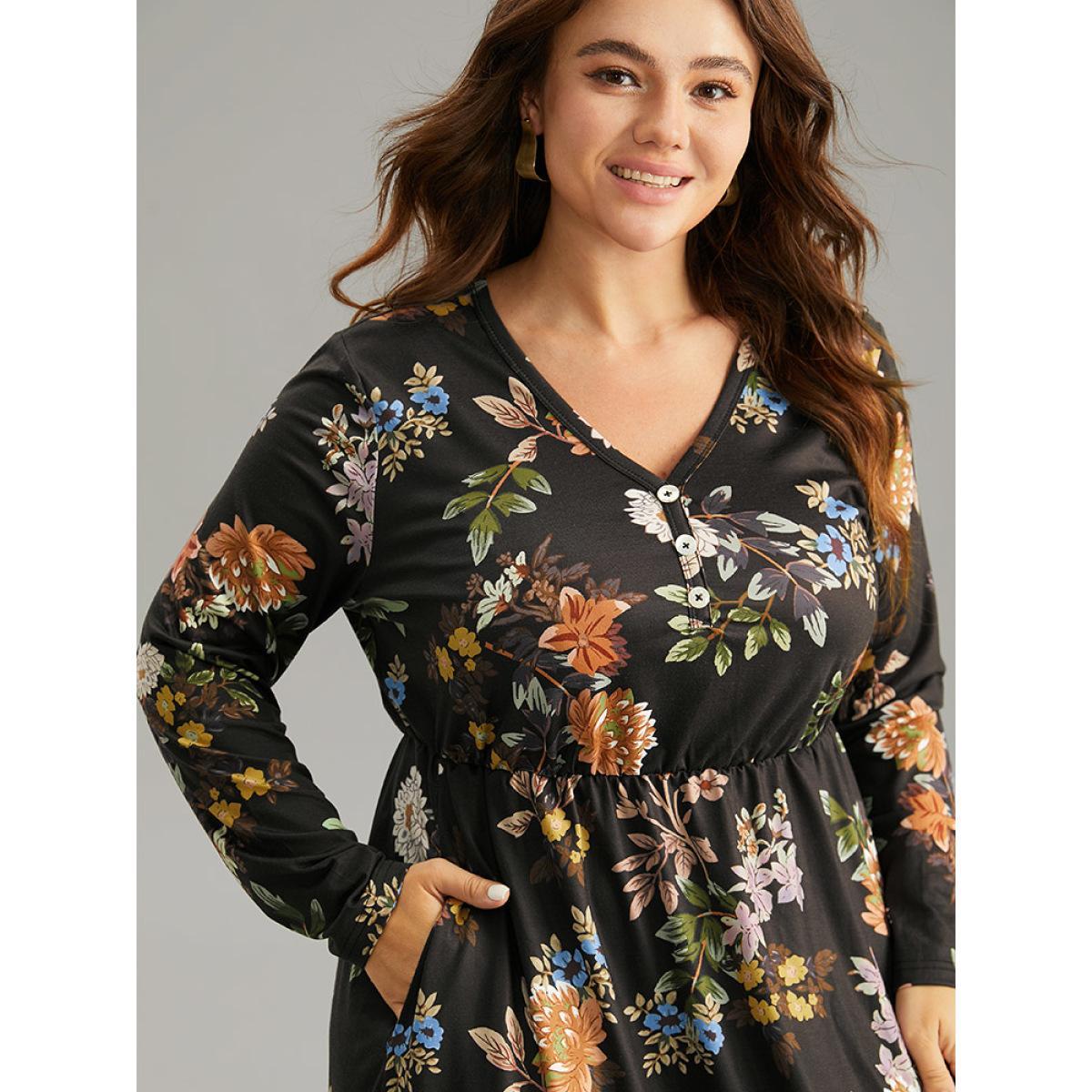 Plus Size Floral Print Button Detail Long Sleeve Midi Dress Black Women Elegant Printed V-neck Long Sleeve Curvy Midi Dress BloomChic 14-16/1X Product Image
