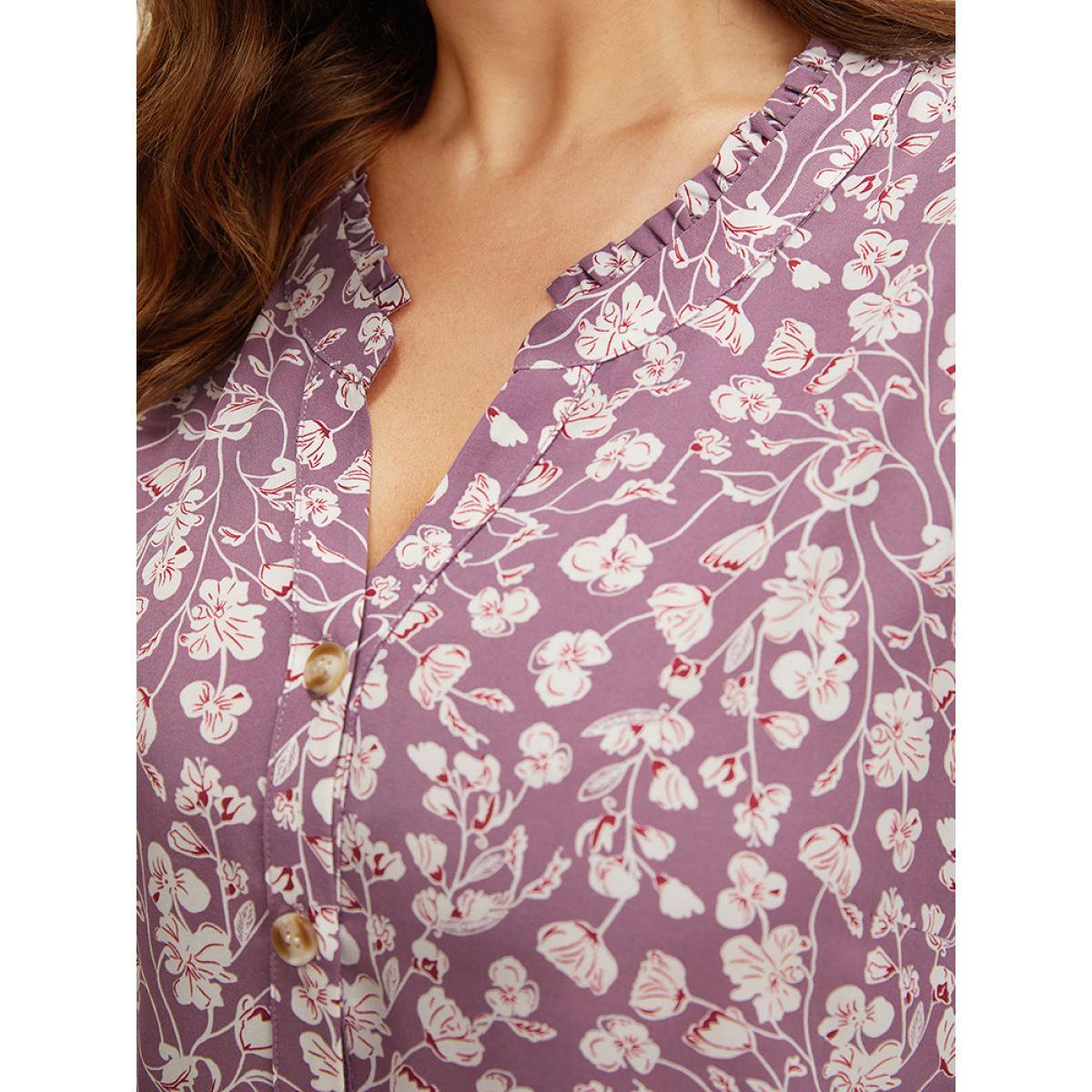 Plus Size Mauve Ditsy Floral Button Up Frill Trim Notched Blouse Women Elegant Short sleeve Notched collar Dailywear Blouses BloomChic 12/L Product Image