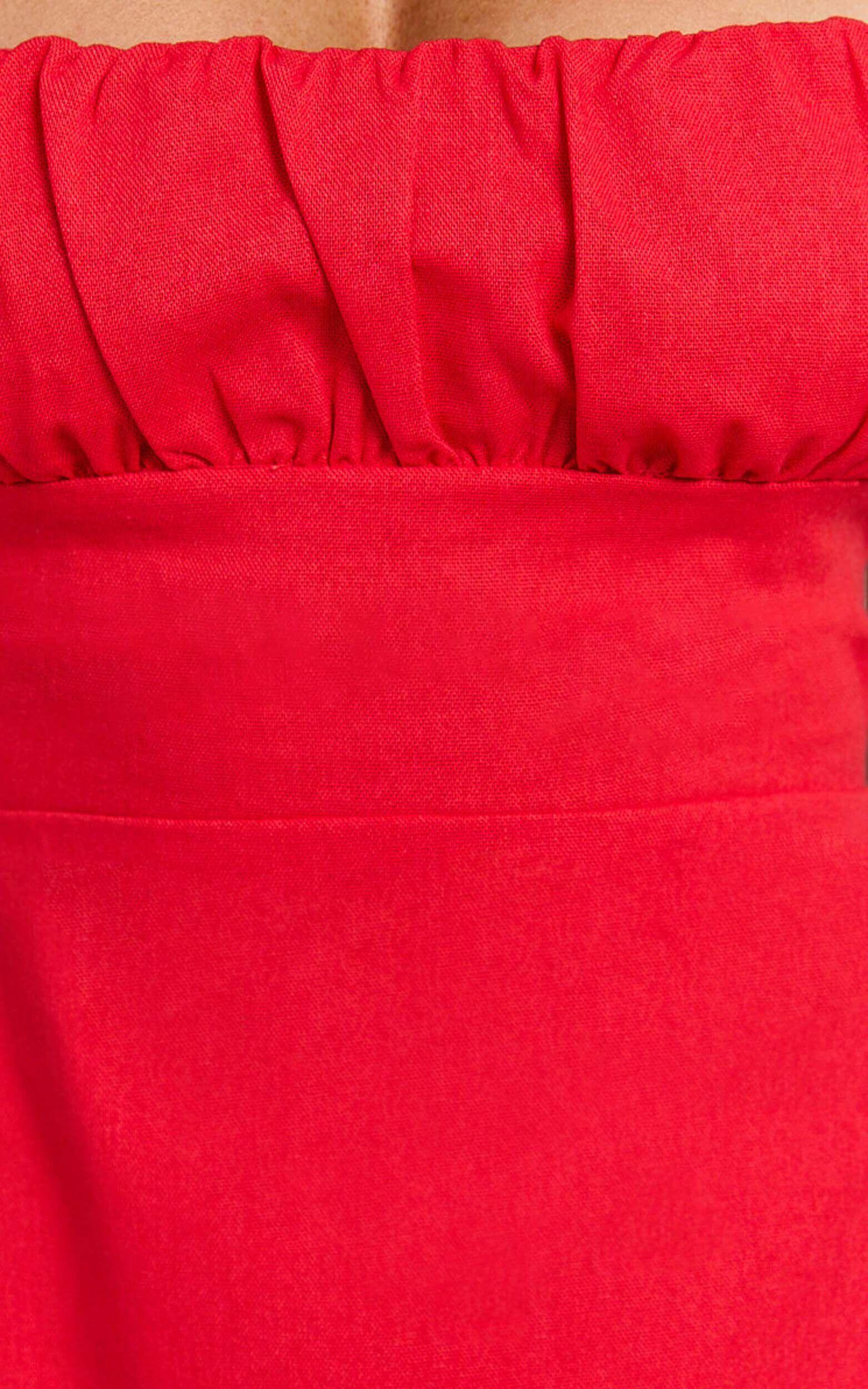 Ginny Mini Dress - Square Neck Ruched Bodice Puff Sleeve Straight Dress in Red Product Image