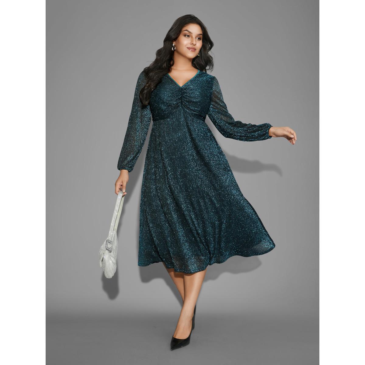 Plus Size Luxe V Neck Ruched Mesh Dress Aegean Women Cocktail Gathered Party Curvy Bloomchic 18-20/2X Product Image