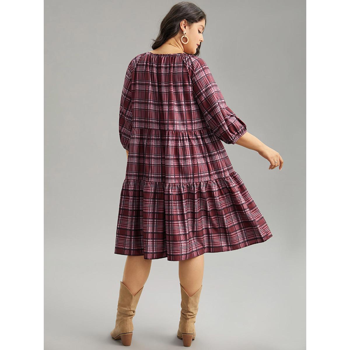 Plus Size Plaid Tie Neck Ruffle Layered Hem Dress Russet Women Vacation Elastic cuffs Tie Neck Elbow-length sleeve Curvy Midi Dress BloomChic 10/M Product Image