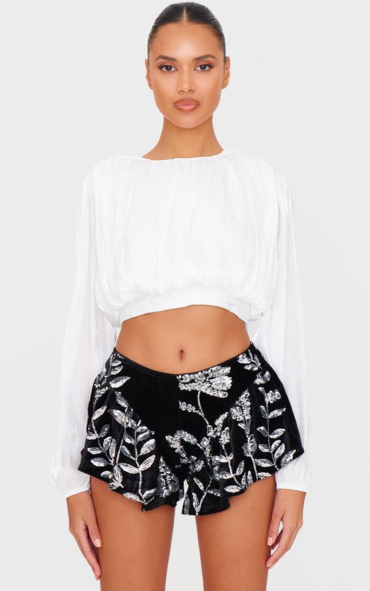 Black Velvet Floral Sequin Embellished Shorts Product Image