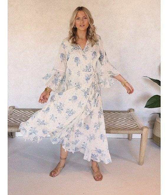 Talisman Carly Bluebell Woven Floral Print V-Neck 3/4 Bell Sleeve Wrap Dress Product Image